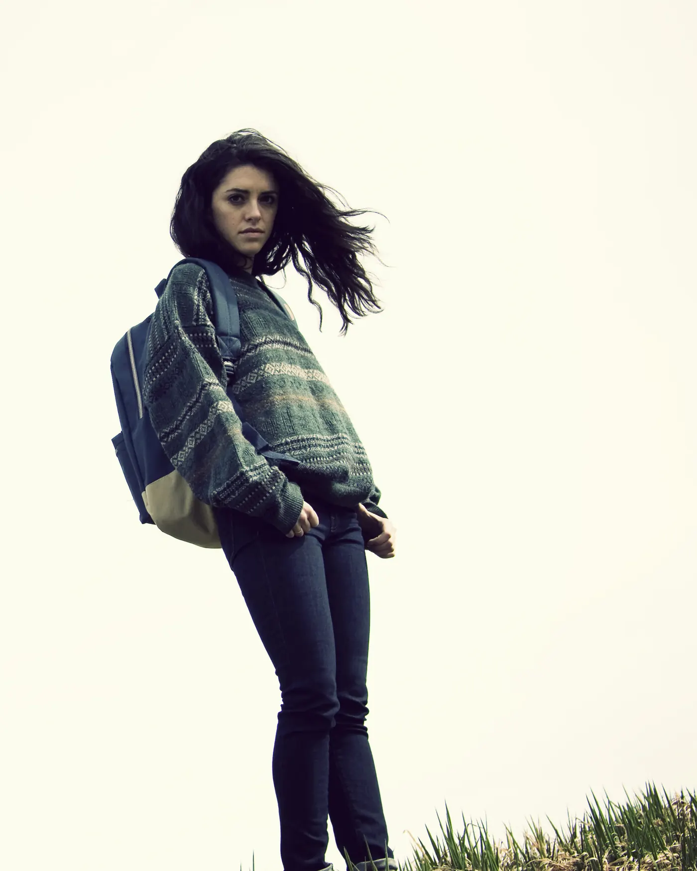 Model wearing a Herschel backpack outdoors