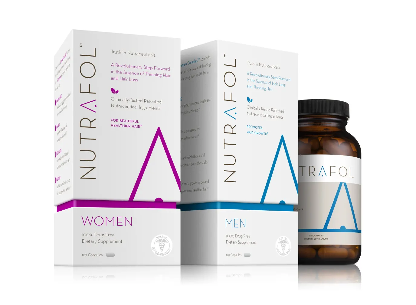 Nutrafol packaging for women and men