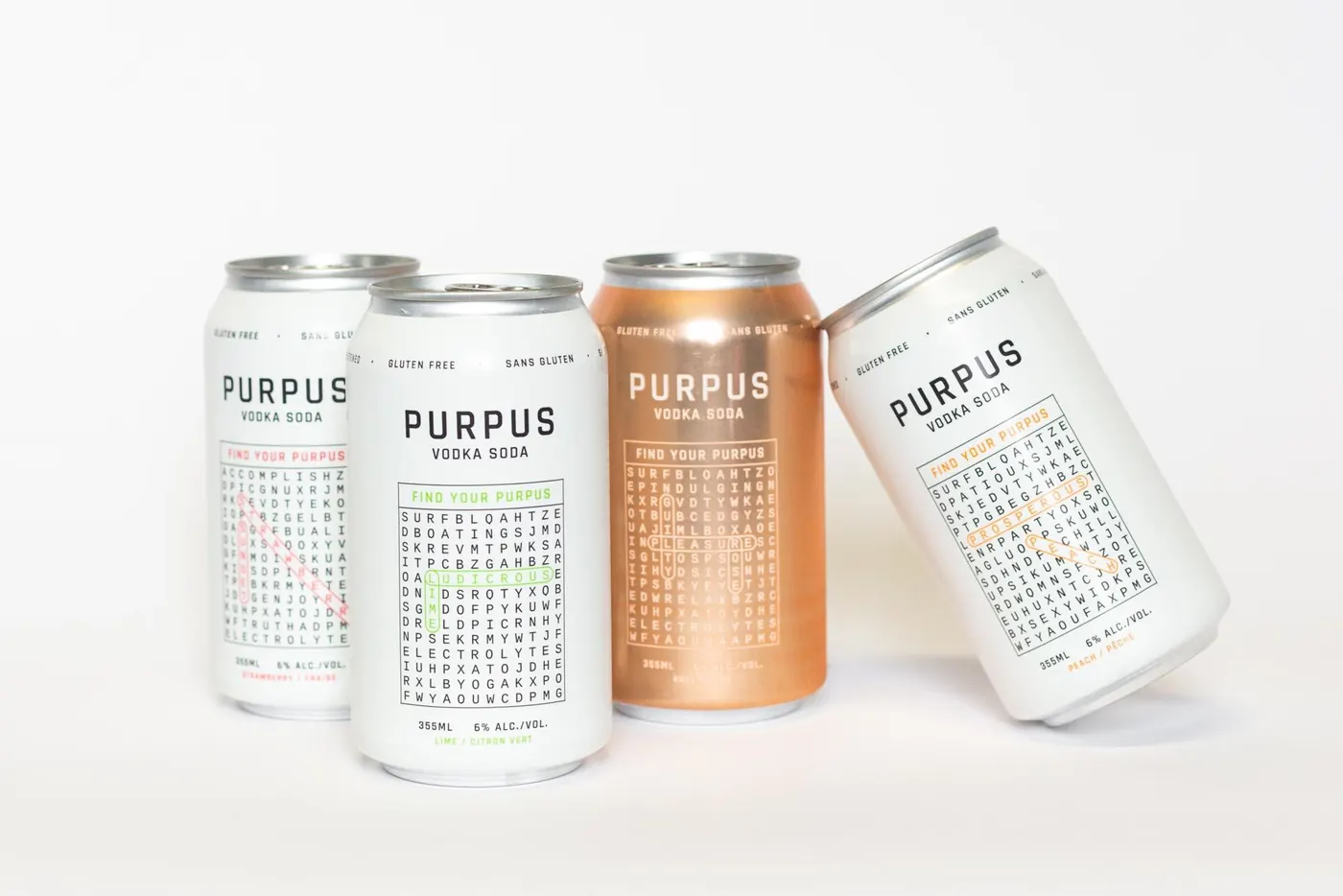 Purpus vodka soda cans in four flavours