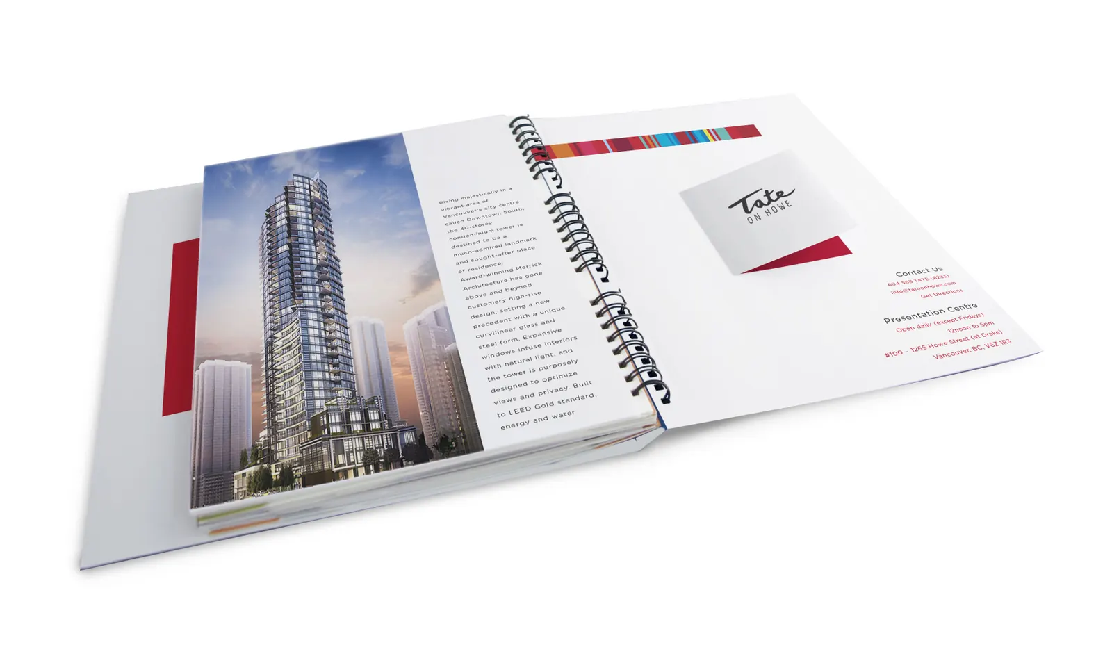 Coil bound booklet with tower rendering